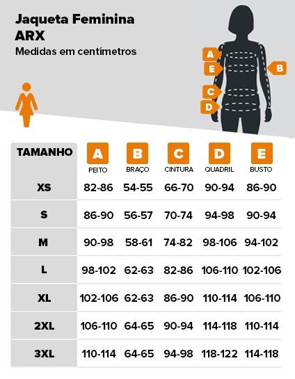 Tabela de medidas jaqueta ARX feminina